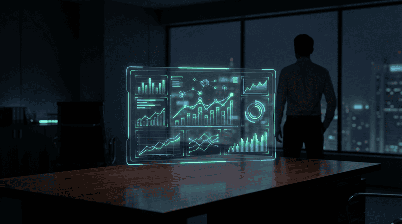 Futuristic digital data analytics interface with charts and graphs in a modern office setting.