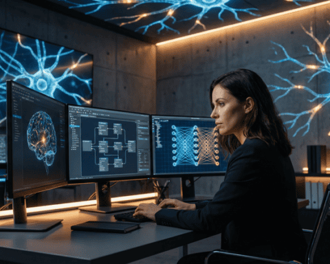 Female professional analyzing multiple computer screens with neural network visuals.