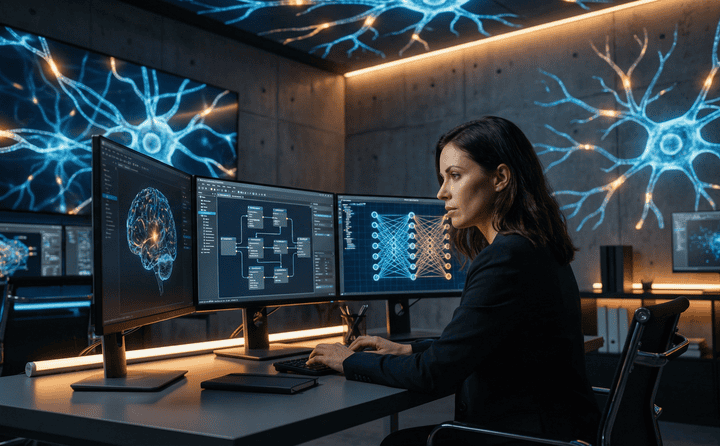 Female professional analyzing multiple computer screens with neural network visuals.