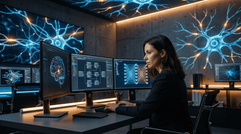 Female professional analyzing multiple computer screens with neural network visuals.