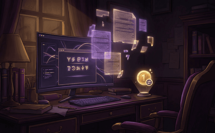 An illustration of a home office with a computer displaying digital data and holographic documents.