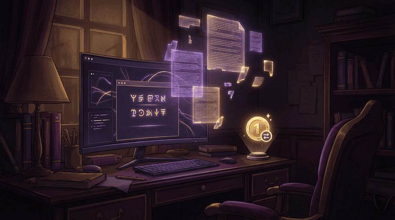 An illustration of a home office with a computer displaying digital data and holographic documents.
