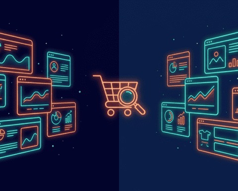 Digital data analytics and online shopping concept with neon screens.