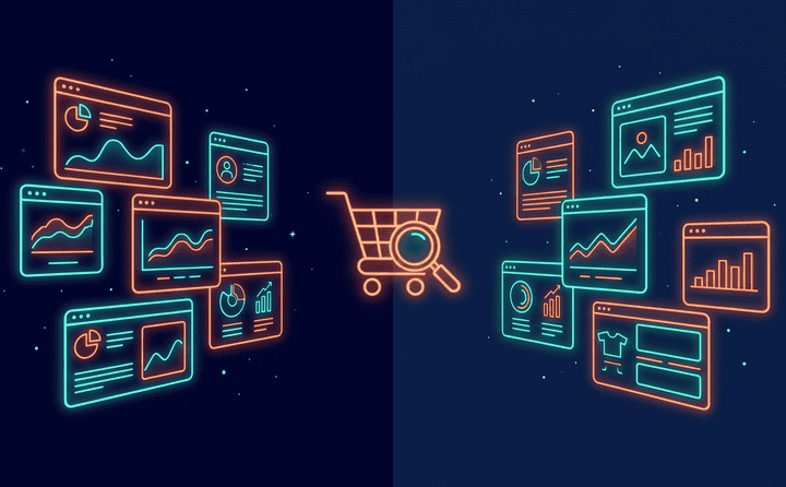 Digital data analytics and online shopping concept with neon screens.