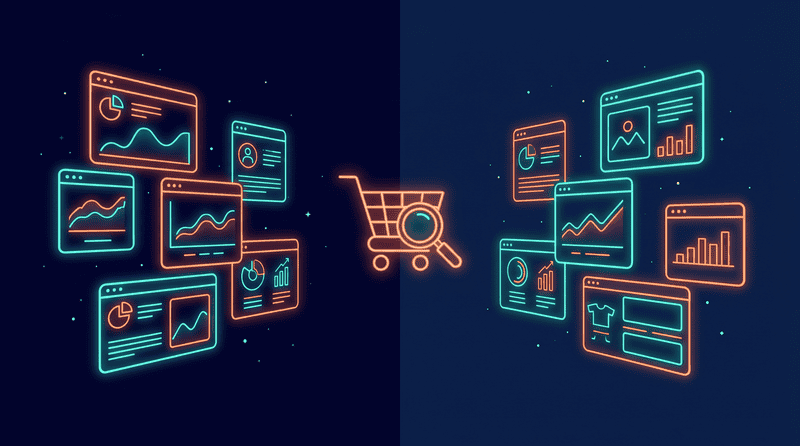 Digital data analytics and online shopping concept with neon screens.