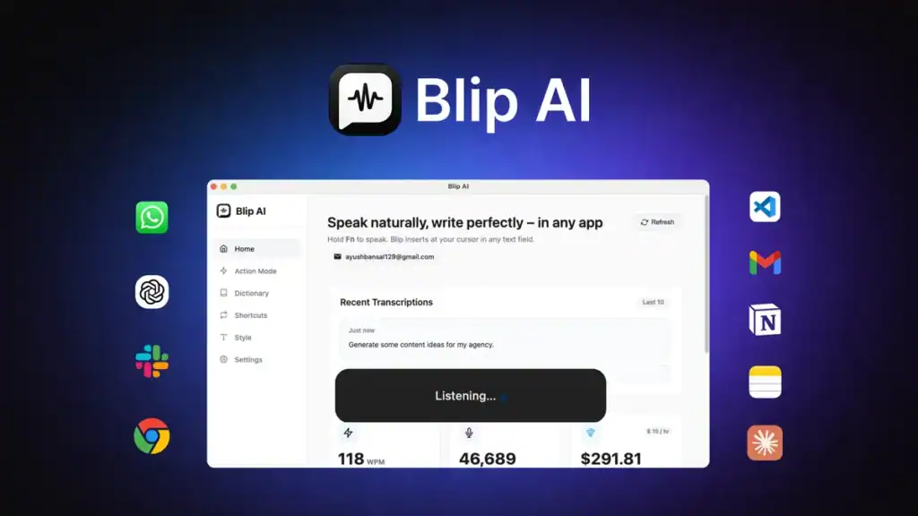 Blip AI app for fast, natural writing in any app, saving hours.