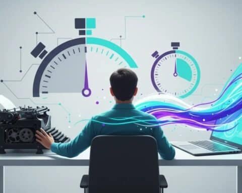 Man managing time with clocks and digital waves for effective side hustle planning.