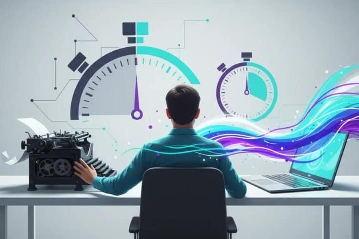 Man managing time with clocks and digital waves for effective side hustle planning.