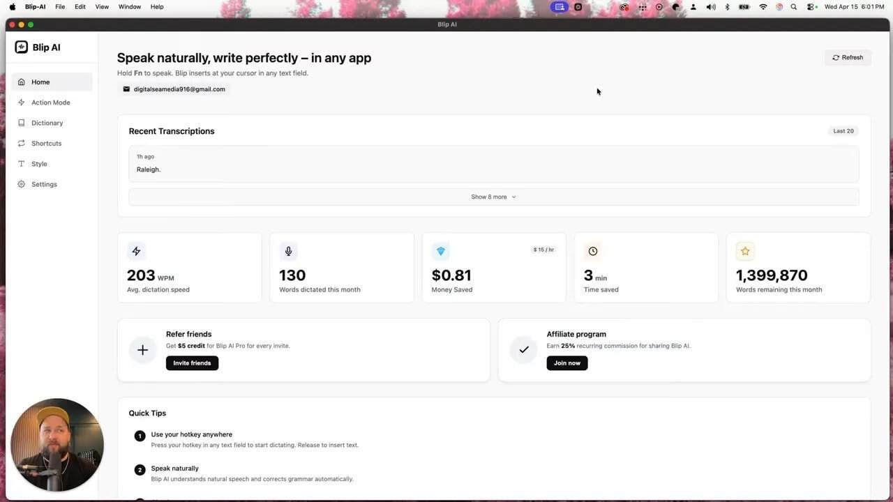 Blip AI main interface with recent transcriptions and quick tips on dictating with a hotkey