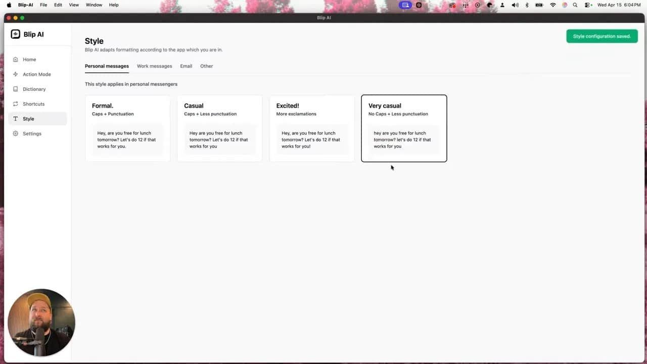 Blip AI style settings with a saved style configuration confirmation and tone options