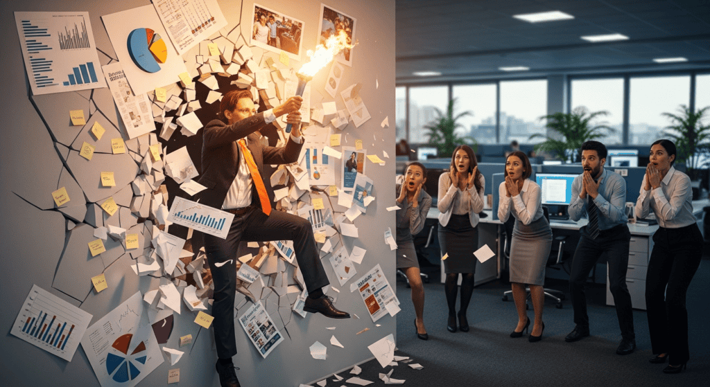 Business team celebrating victory with energetic pose in modern office.