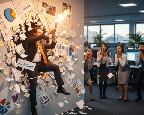 Business team celebrating victory with energetic pose in modern office.