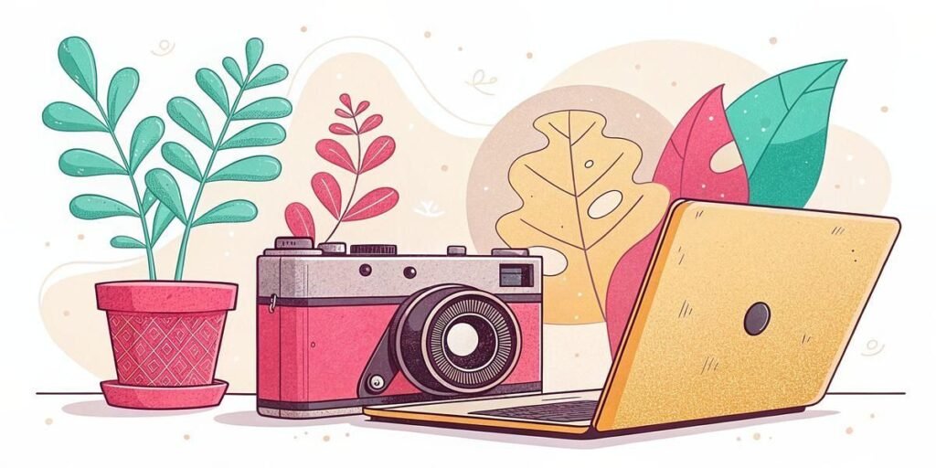 An illustrated scene showing two potted plants, a vintage camera, and an open laptop arranged side by side on a surface, with colorful abstract leaves in the background.