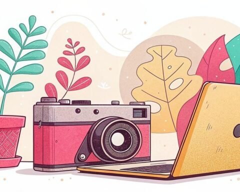 An illustrated scene showing two potted plants, a vintage camera, and an open laptop arranged side by side on a surface, with colorful abstract leaves in the background.