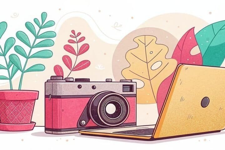 Camera and laptop on desk for side hustle inspiration, creative work setup.