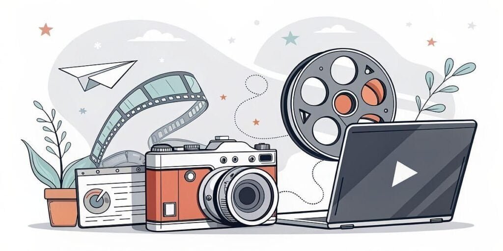 Creative workspace with camera, film reel, and laptop for side hustle content creation.