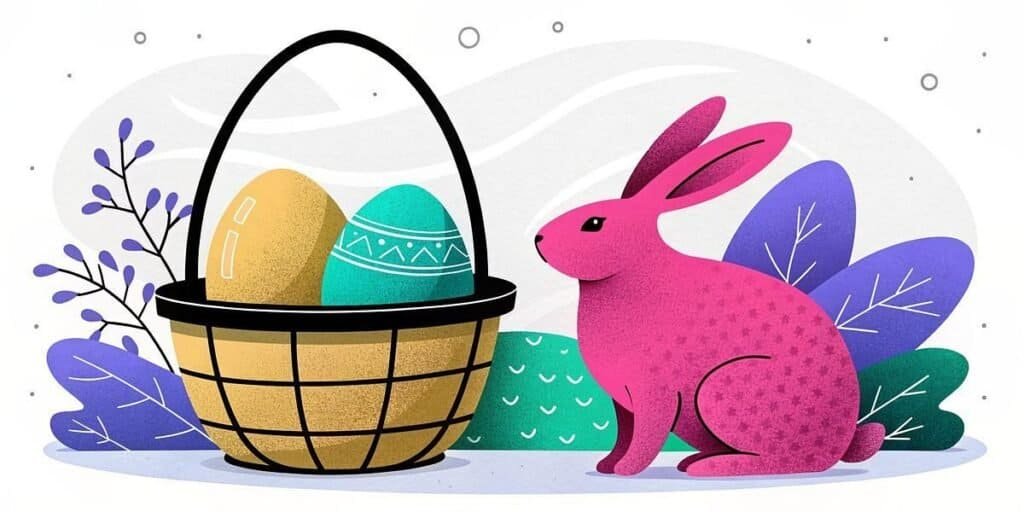 Easter egg basket with colorful decorated eggs and a pink bunny, celebrating spring and holiday trad.