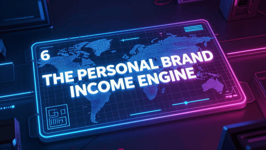 Digital world map with "The Personal Brand Income Engine" text for online income strategies.