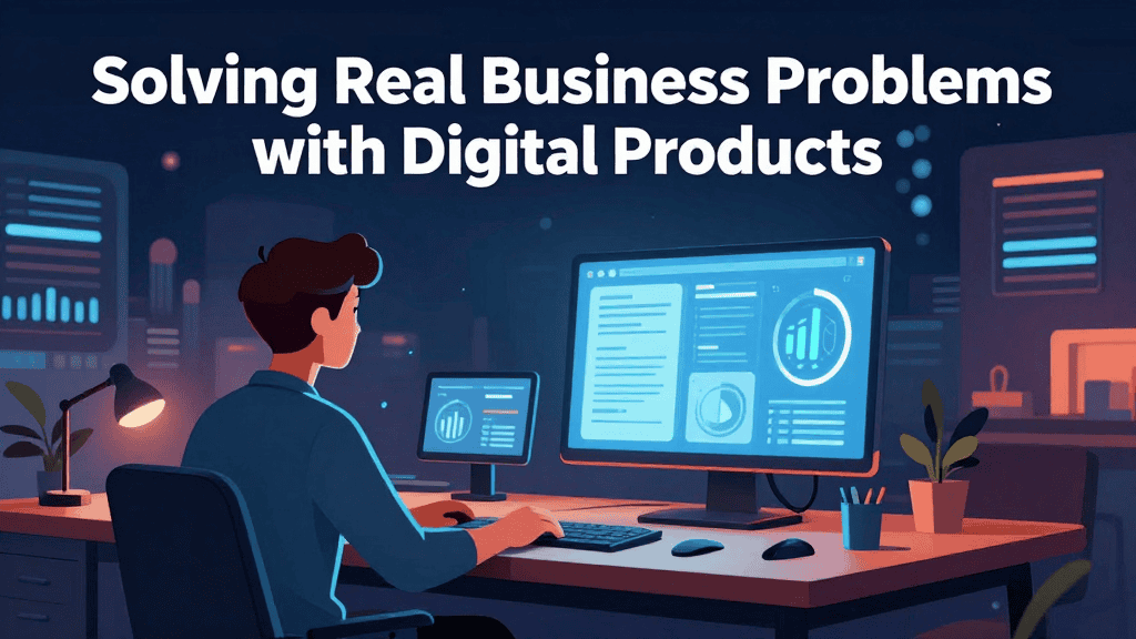 Person working on digital business solutions at a modern desk with multiple screens.