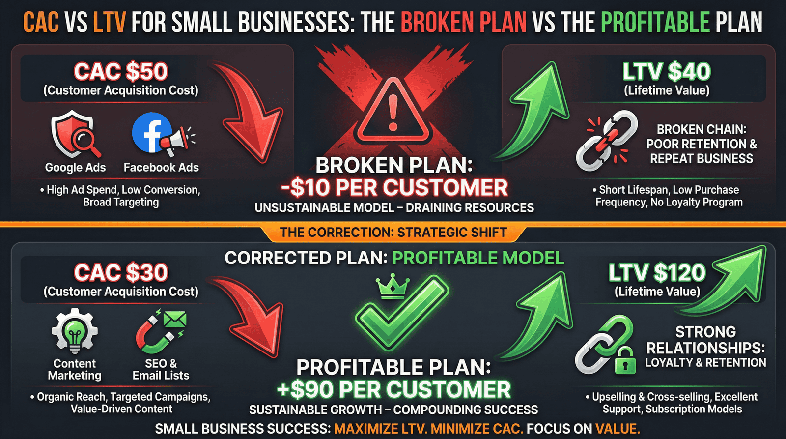CAC vs LTV comparison chart for small businesses showing broken and profitable marketing plans