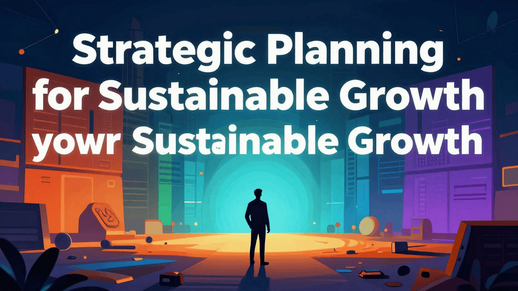 Illustration of a person planning growth strategies in a futuristic cityscape.