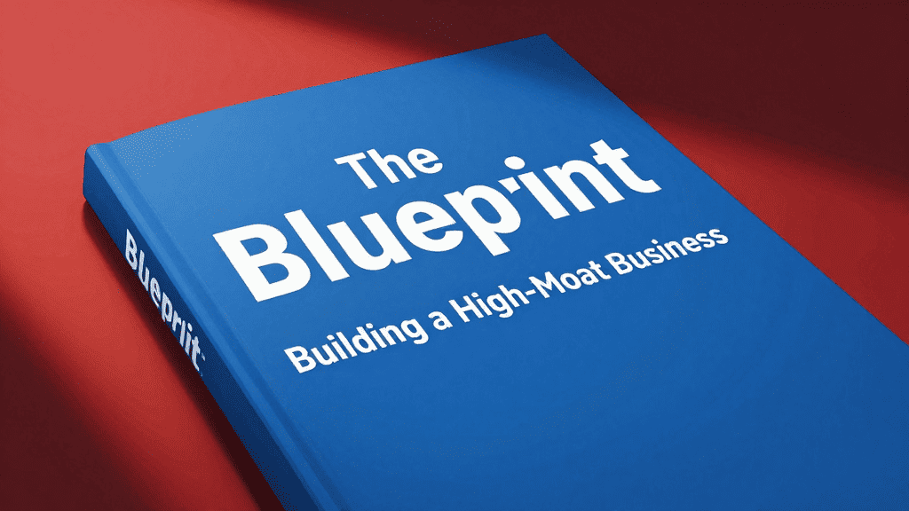 Blue hardcover book titled "The Blueprint" on building a high-moat business.