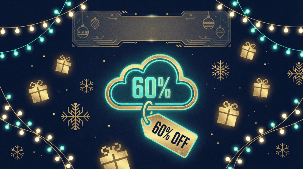 Cloud with 60% off and 60% off tag, holiday-themed digital marketing image.