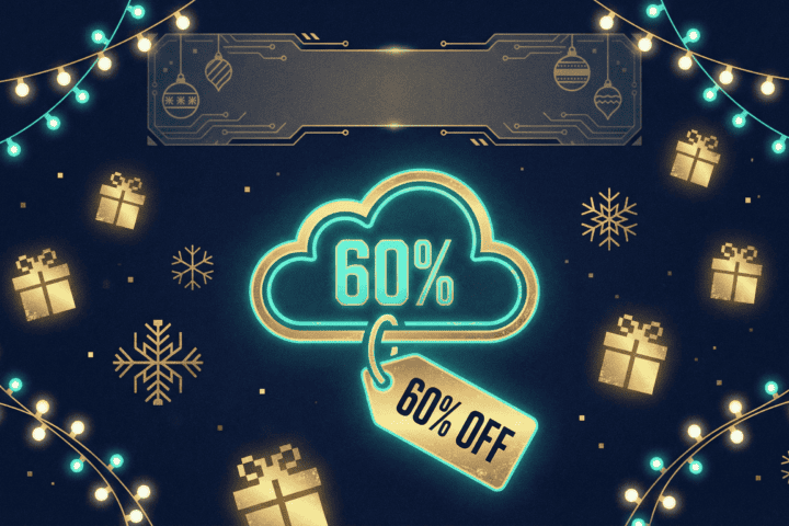 Cloud with 60% off and 60% off tag, holiday-themed digital marketing image.