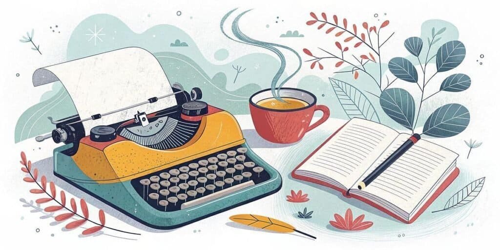 Typewriter, coffee, and notebook for creative work.