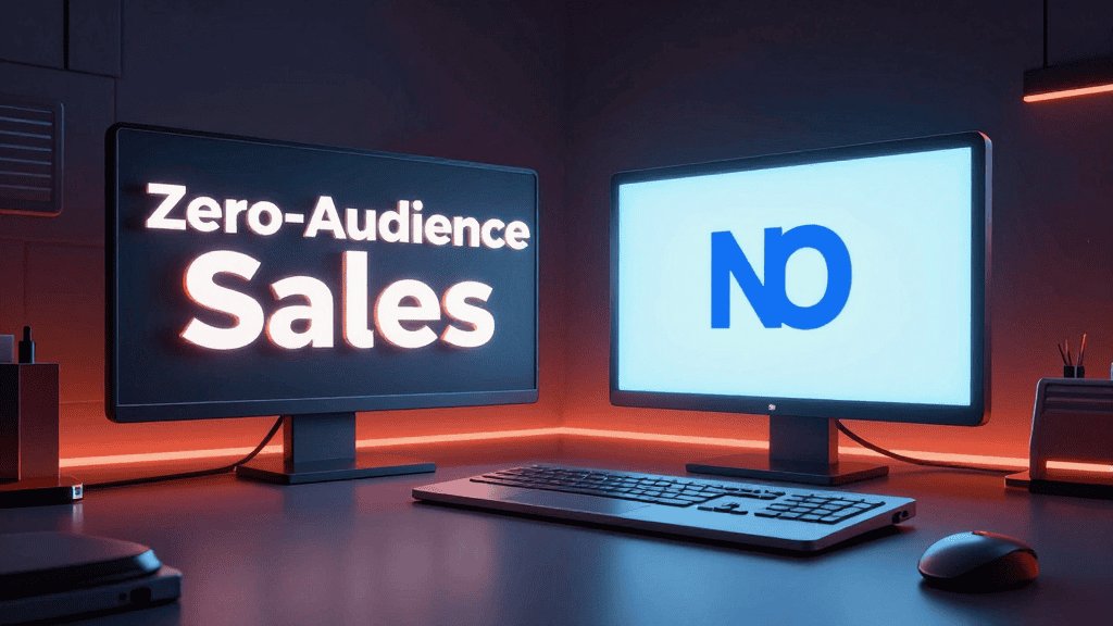 Digital marketing screens promoting zero-audience sales strategies.