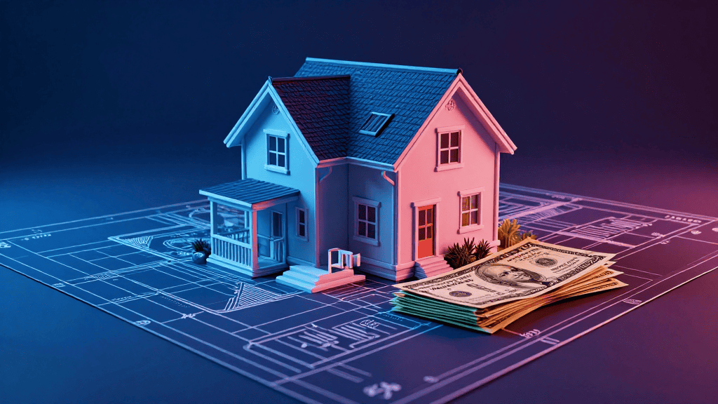 Miniature house on blueprint with cash, illustrating real estate income strategies.