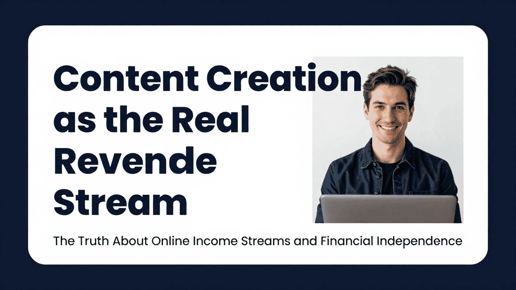 Young man with laptop promoting high-ticket online income streams and real estate opportunities.