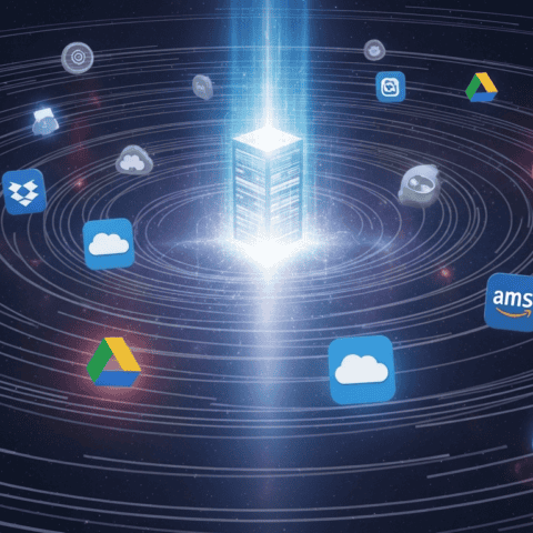 Digital cloud storage and cloud computing icons in a futuristic network.