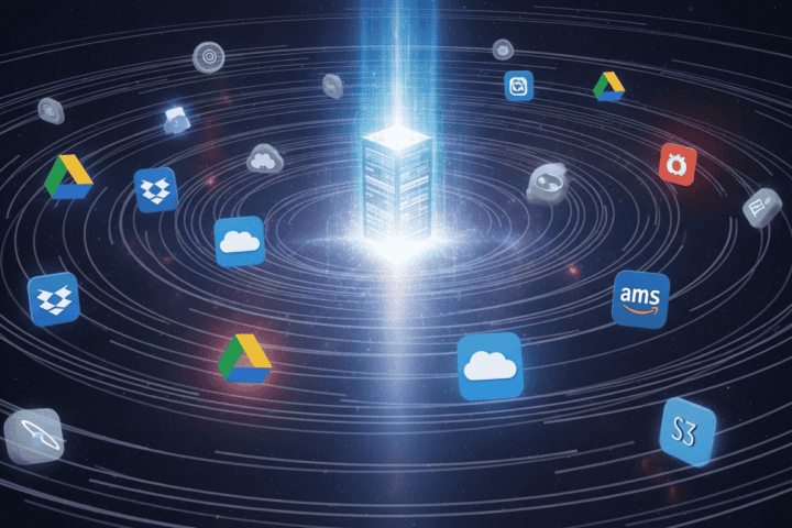Digital cloud storage and cloud computing icons in a futuristic network.