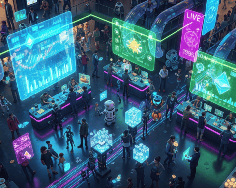 Modern technology expo showcasing robots, digital screens, and interactive displays for innovation.