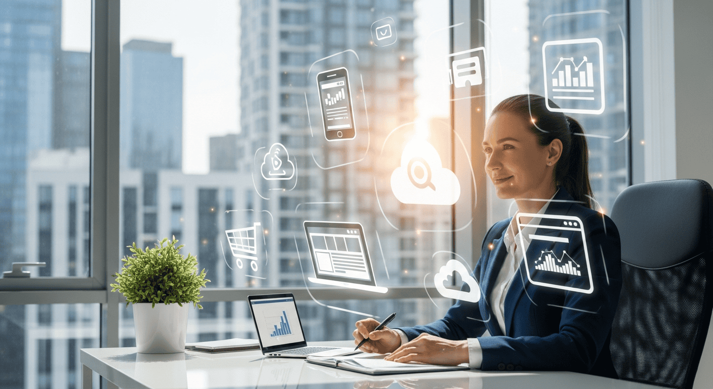 Woman working on digital marketing and online business tools in a modern office.