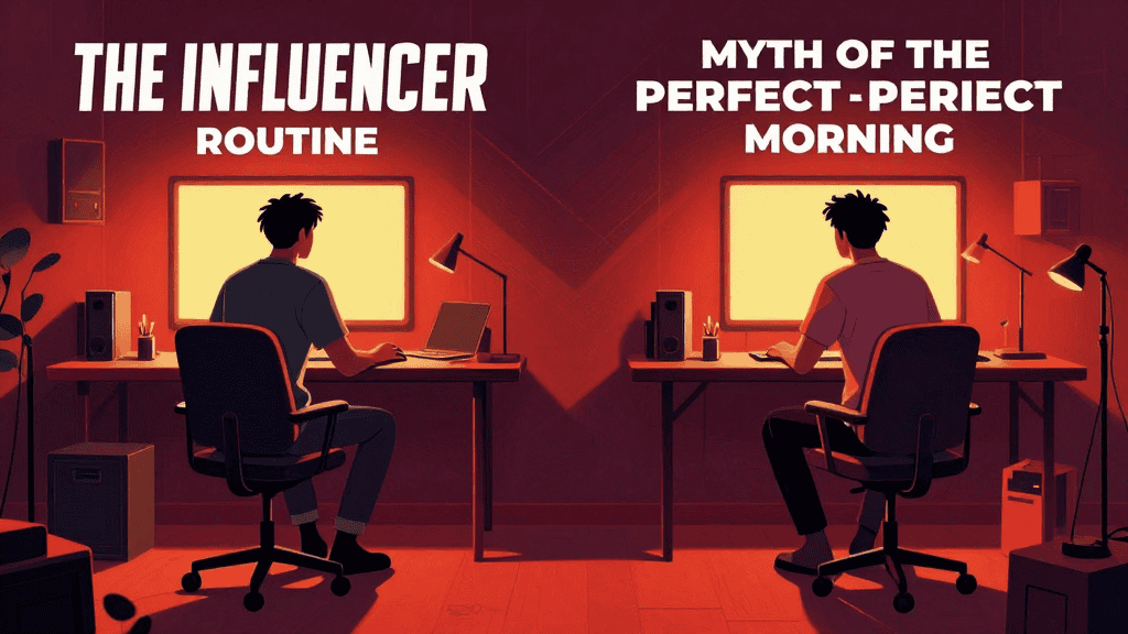 Person working at a desk with two monitors, illustrating productivity myths.