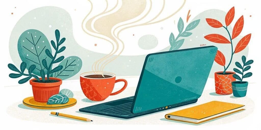 Laptop with plants and coffee, inspiring side hustle workspace.