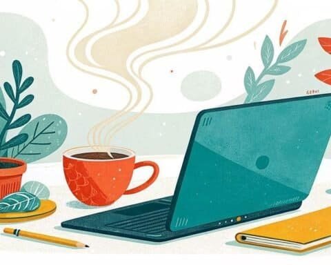 Laptop with plants and coffee, inspiring side hustle workspace.