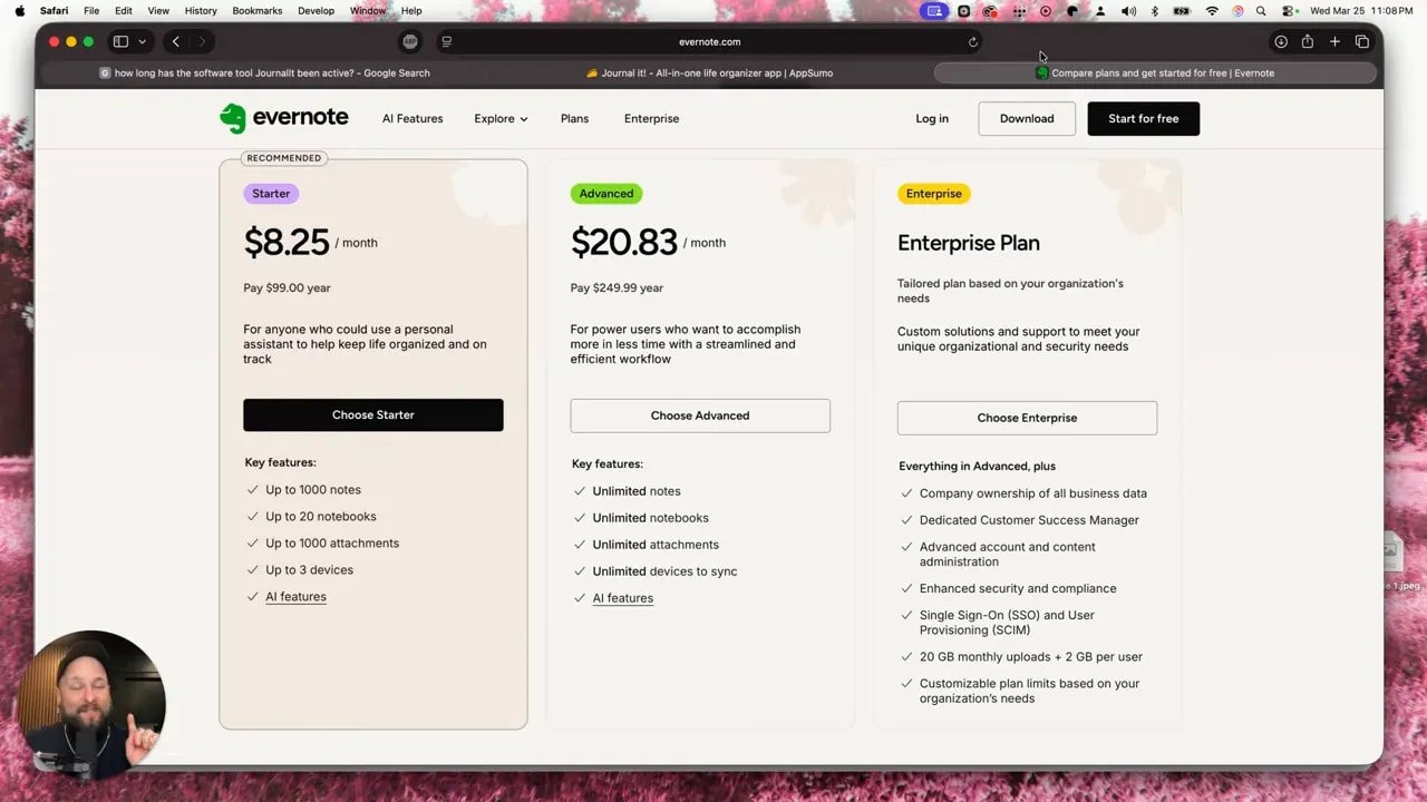 Evernote pricing plans comparison with Starter, Advanced, and Enterprise plan costs