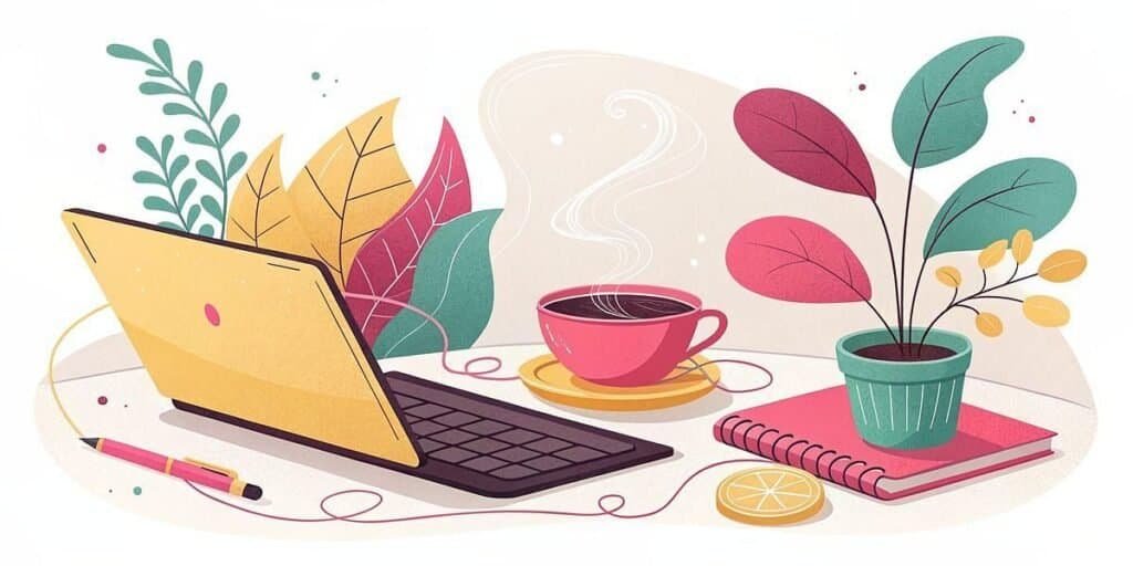 Cozy workspace with laptop, coffee, and plants for side hustle success.