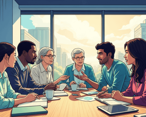 Diverse team collaborating on side hustle ideas in a modern office.