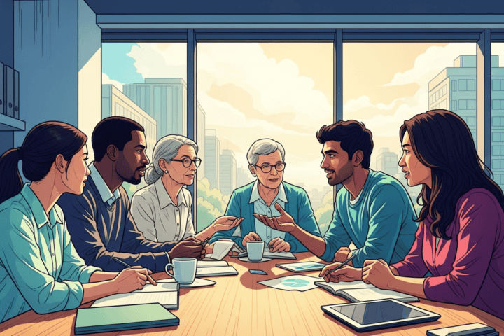 Diverse team collaborating on side hustle ideas in a modern office.