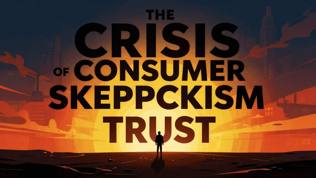 Illustration of a person facing a city skyline with fiery background symbolizing consumer trust issu.