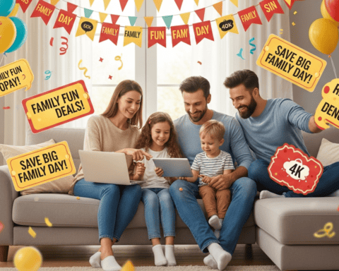 Happy family enjoying fun day with balloons, confetti, and savings banners at home.