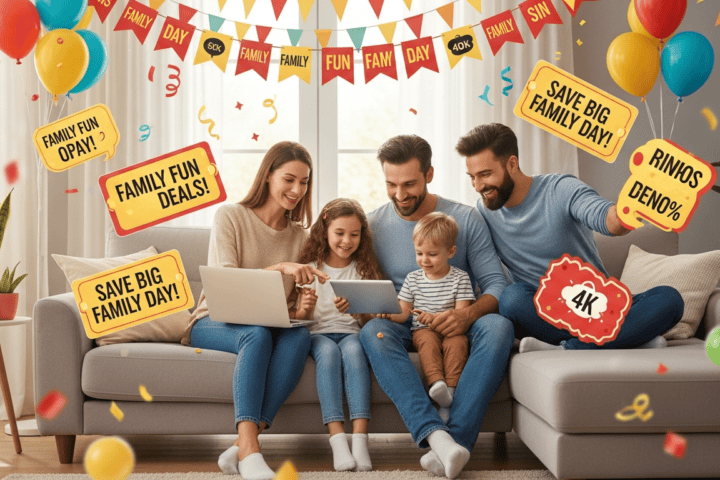 Happy family enjoying fun day with balloons, confetti, and savings banners at home.