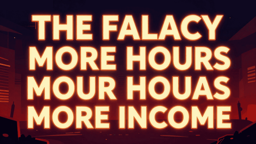 Neon sign reading "The Falacy More Hours Mour Hous More Income" for productivity trap awareness.