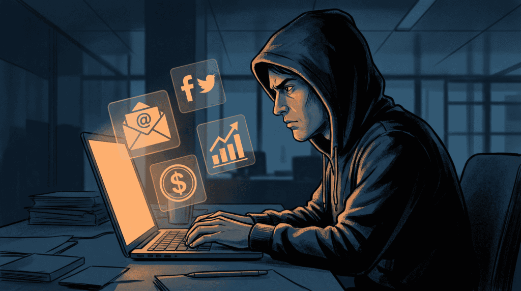 Young man in hoodie working on a laptop with social media and financial icons.
