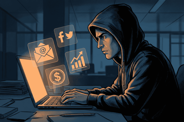 Young man in hoodie working on a laptop with social media and financial icons.