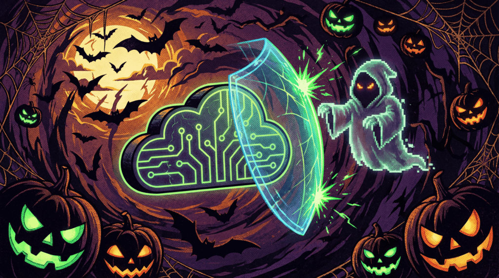 Cybersecurity and cloud data protection concept with Halloween spooky elements.
